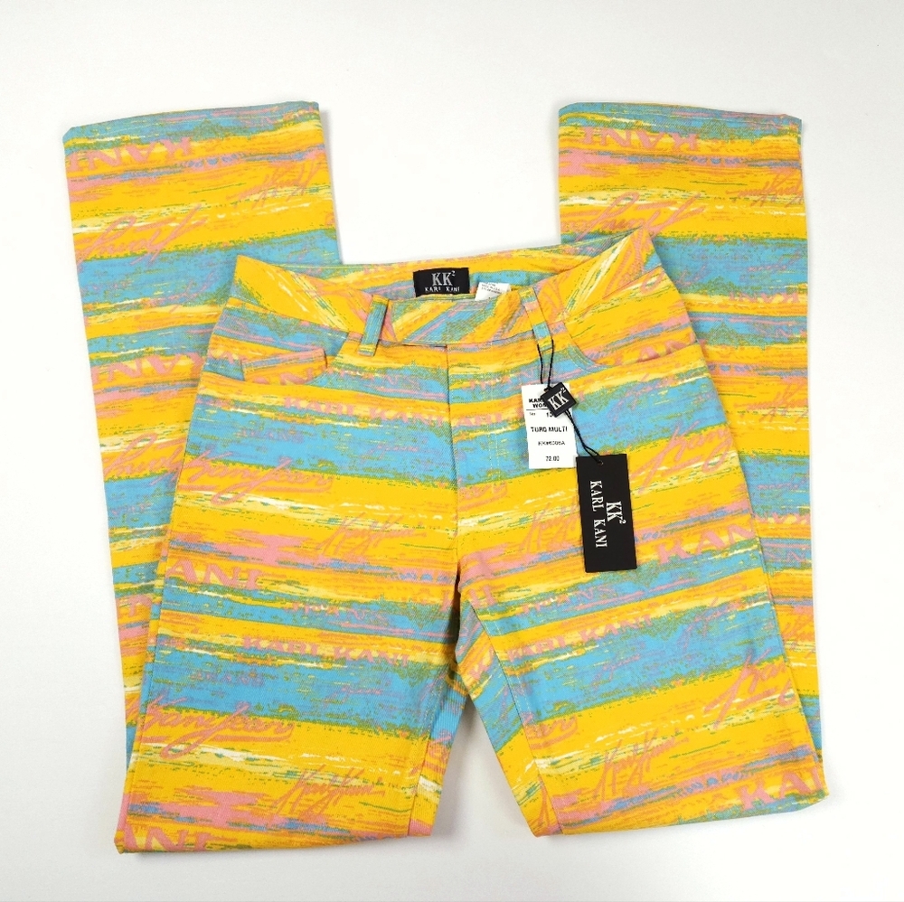 Karl Kani Vintage 90s NWT Turquoise Yellow Flare Denim Jeans 28 Small - Picture 14 of 16